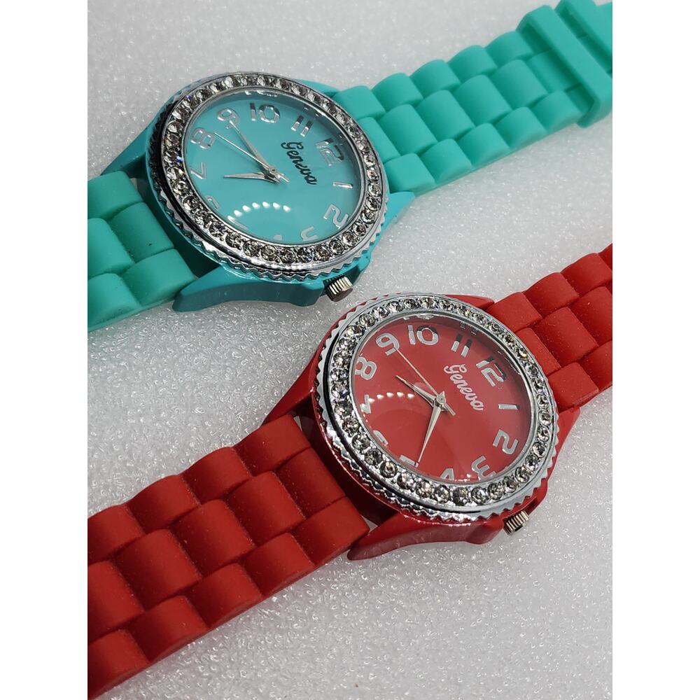 Crystal Gem accent Bling Iced Red Turquoise Blue/Green 2 watch lot Xmas bundle - Picture 2 of 7